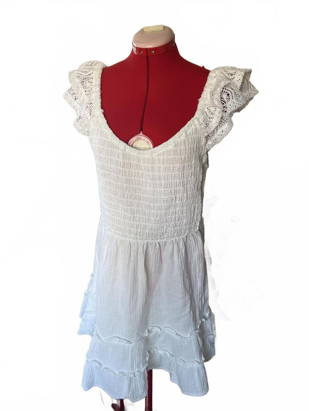 Summer Beach Style Tiered Coquette Girly White Smocked Crochet Ruffle Mini Dress